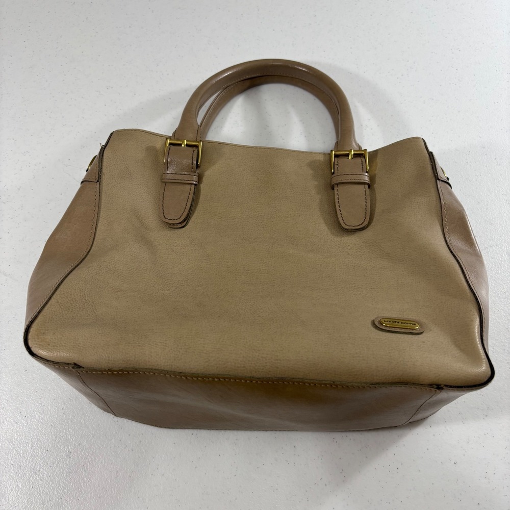 Liz Claiborne Tan Taupe Satchel Handbag Two Tone Gold Hardware Tote Bag